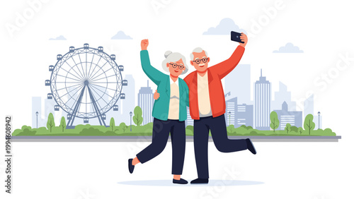 Joyful senior couple taking a selfie with a smartphone against a city skyline featuring a giant ferris wheel in the back.