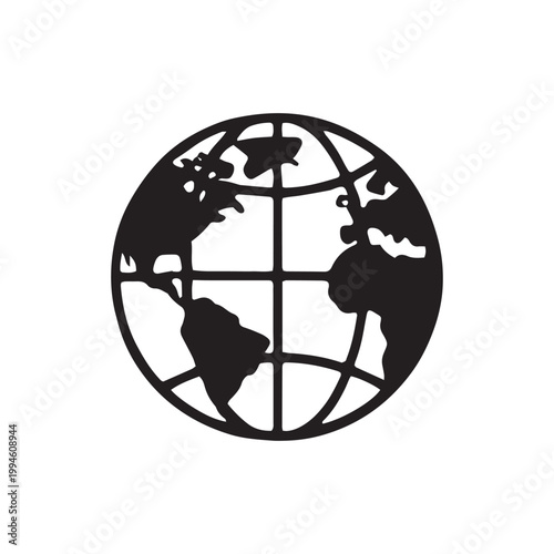 Black globe icon, world map silhouette, earth symbol, vector illustration