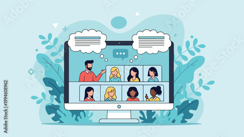 Illustration of a computer screen showing an online video conference with multiple participants during a remote meeting.