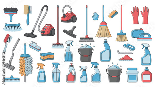 Large collection of various household cleaning supplies including vacuums, brooms, brushes, and detergent bottles.