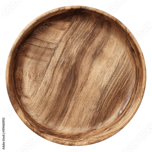 Round wooden bowl with natural grain texture on black background circular