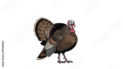 Large male wild turkey bird with detailed feathers and a red wattle displayed standing on a clean white background.