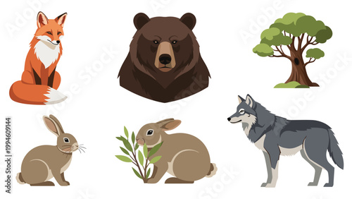 Diverse set of forest animals including a fox, bear, wolf, and rabbits shown together with a green tree on a white background.