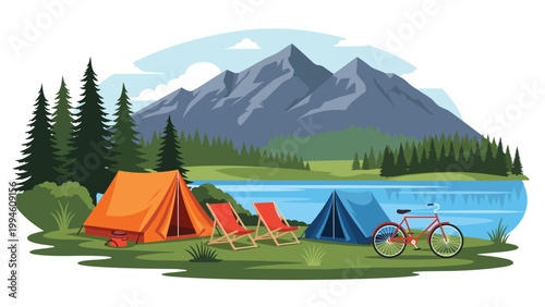 Scenic camping site by a mountain lake featuring tents, a bicycle, and lounge chairs in a peaceful forest setting.