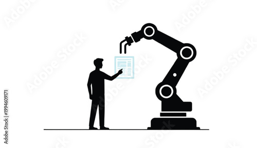 Human controlling robotic arm with AI interface silhouette scene representing automation control precision workflow and smart manufacturing process