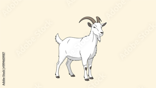 Single white goat with curved horns standing in profile on a simple beige background in a clean and minimal modern vector illustration style.