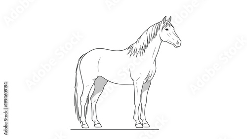Elegant horse standing in profile presented as a detailed black and white line art illustration on a plain white background for design use.