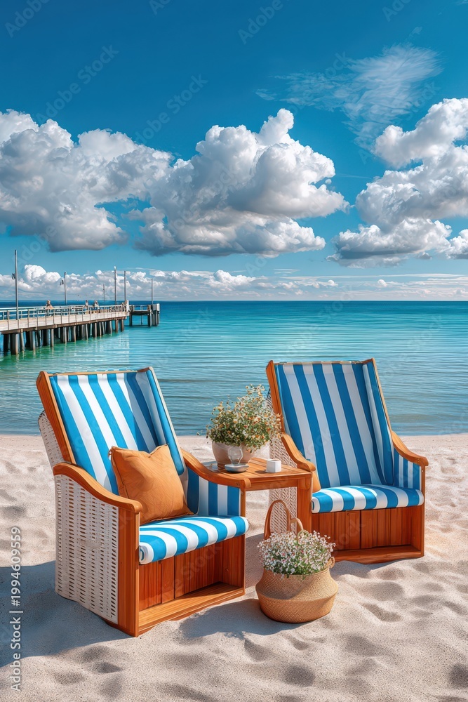 Fototapeta premium Relaxing summer beach scene with striped beach chairs, wooden table and calm ocean pier view