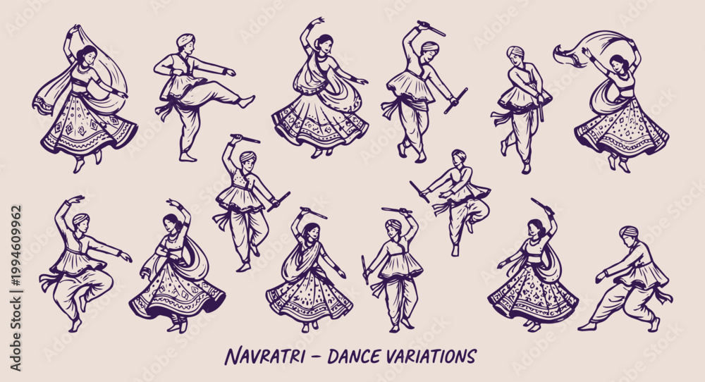 Fototapeta premium Indian classical dance poses set, bharatanatyam and kathak dance illustration, traditional ethnic performing arts doodle, cultural heritage and mudra art, elegant dancer and movement collection, hand 