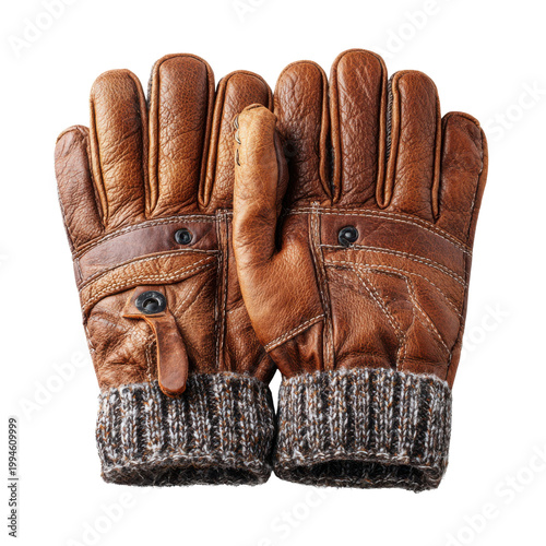 Pair of brown leather gloves with knitted cuffs and metal snaps image