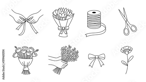 Floral arrangement elements line art icons arrangement elements illustration scissors wrapping