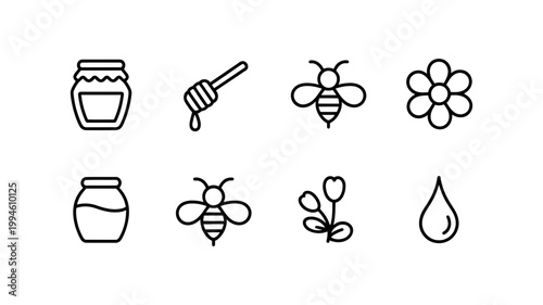 Bee and honey elements line icons elements illustration ingredient beekeeping agriculture