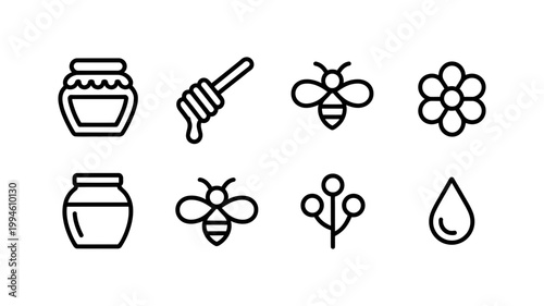 Honey and bee line art icons with illustration ingredient beekeeping agriculture botanical