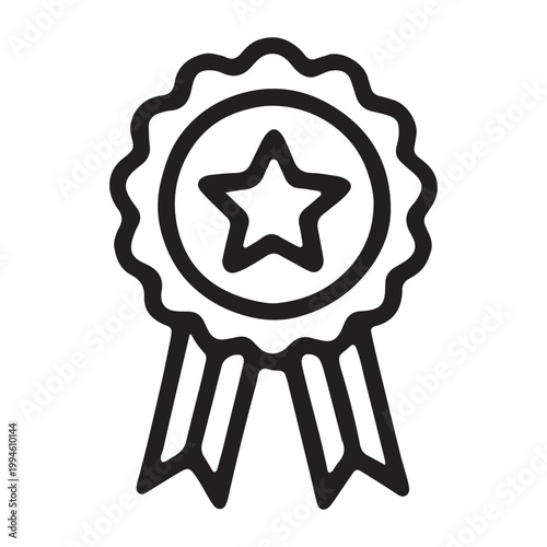 Award ribbon icon, star badge symbol, black line art, vector graphics