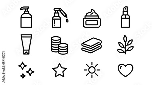 Cosmetic icons: skincare beauty health wellness symbols with cosmetic skincare dispenser stacking