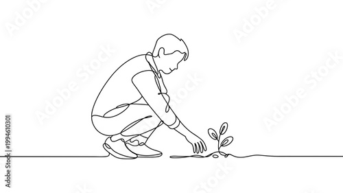 Male figure tending to a young plant in a simple line art illustration with planting gardening sustainability