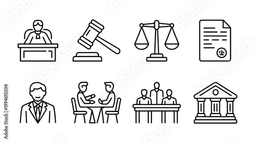 Legal icons including judge gavel scales of justice courthouse with legal system legal advice document agreement