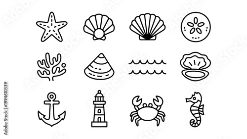Collection of line art icons depicting marine life and nautical elements like starfish shells coral anchor with starfish