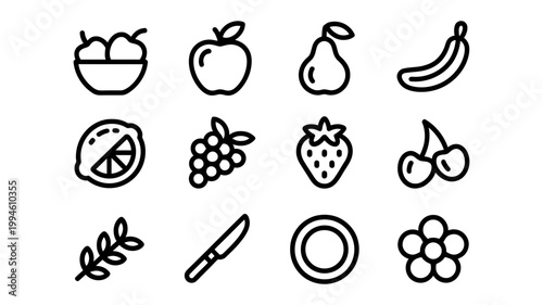 Fresh fruit icons: bowl of cherries apple pear banana lemon slice grapes strawberry cherries leaf knife plate flower