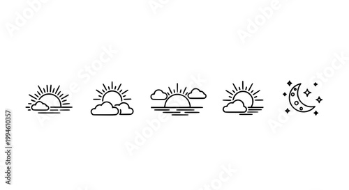 Minimal weather and day cycle icon set vector illustration morning noon evening night sunset glyph symbols