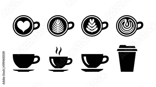 Collection of black coffee icons and latte art cups on white background with beverage silhouette isolated collection