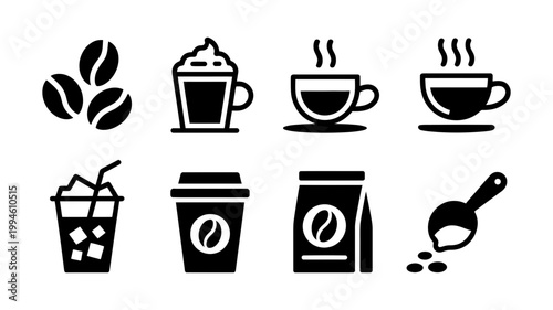 Assorted black coffee icons including beans cups takeaway containers with beverage takeaway silhouette isolated