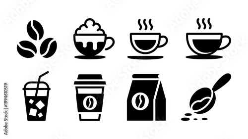 Assorted black coffee icons including beans cups takeaway containers with beverage takeaway silhouette isolated