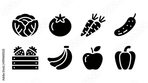 Collection of fresh black vegetable and fruit icons on white background with vegetable nutrition cucumber strawberry