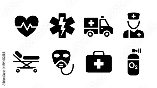Medical emergency icons set black silhouette emergency ambulance stethoscope stretcher hospital assistance