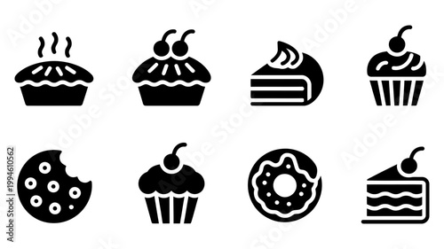Sweet baked goods icons set black silhouette delicious sweetness confectionery pastries