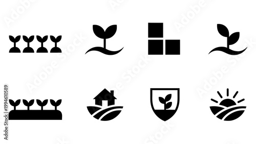 Agriculture and farming icons: seedlings plants farm sunset growth with agriculture seedlings building protection