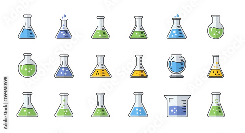 Laboratory flask illustrations featuring chemical liquids for scientific experimentations