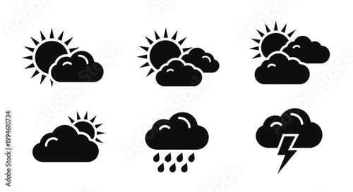 Weather icon set depicting various conditions, from sunny to stormy and rainy scenarios