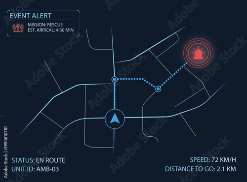 futuristic emergency dispatch interface digital city map with a GPS navigation route, rescue mission alert, ambulance tracking data