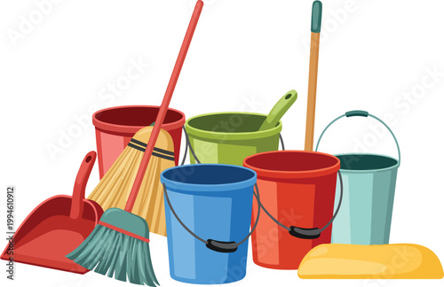 Flat minimalist illustration of cleaning tools set with brooms dustpans buckets and duster isolated on white background