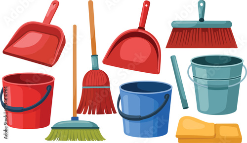Flat minimalist illustration of cleaning tools set with brooms dustpans buckets and duster isolated on white background