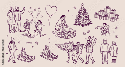 Winter scene and family walk, parents and children in snow, seasonal outdoor activity vector illustration, winter forest and nature doodle, family togetherness and holiday art, cold weather lifestyle 