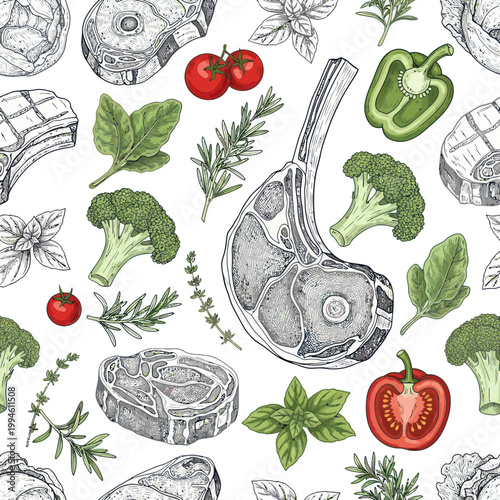 Hand-drawn Meat Cuts, Vegetables, and Herbs Seamless Pattern