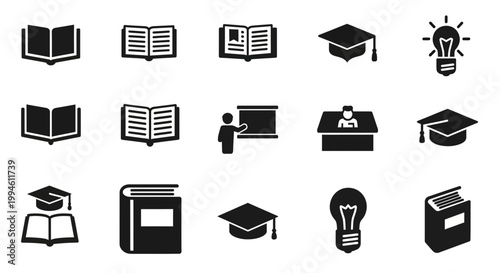 Education and Learning Icons: Books, Graduation Caps, Lightbulb, Teacher