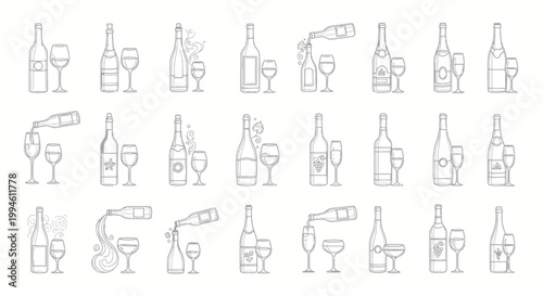 Wine Bottle and Glass Line Art Collection: Pouring, Celebration, and Cheers