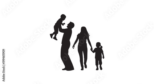 Happy family silhouette playing together with children for summer holiday concept