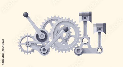 Illustration of Mechanical Engine Components with Gears, Pistons and Connecting Rods