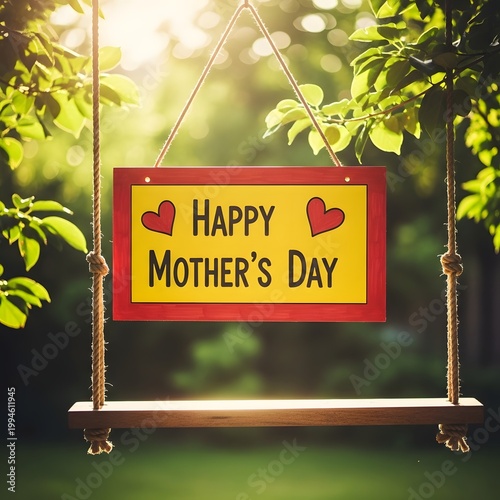 A heartwarming 'happy mother's day' sign hangs on a wooden swing in a lush garden