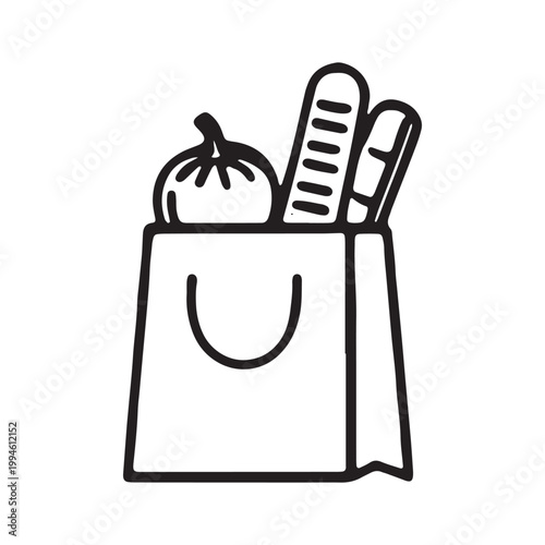 Grocery bag with bread and apple, shopping icon, food illustration, black line art