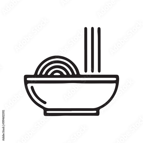 Ramen noodle bowl, Asian food icon, noodle soup, black line art