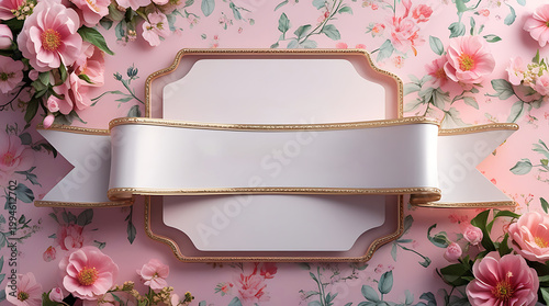 Vintage Pink Floral Background with Elegant White Ribbon Banner and Gold Trim Frame 