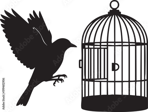 Black bird silhouette escaping from an open cage bird escaping birdcage