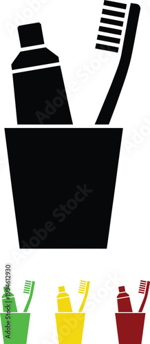 Dental hygiene set featuring toothbrushes and toothpaste in various containers