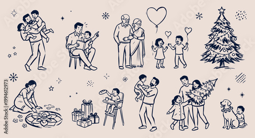 Family bonding time and balloon fun, happy parents with kids playing, joyful childhood memories vector illustration, children holding heart shaped balloons, parenting and love line art, domestic life 