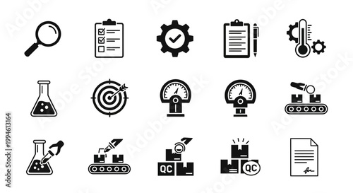 Quality Control Icons Set: Inspection, Testing, Manufacturing, Measurement, and Analysis